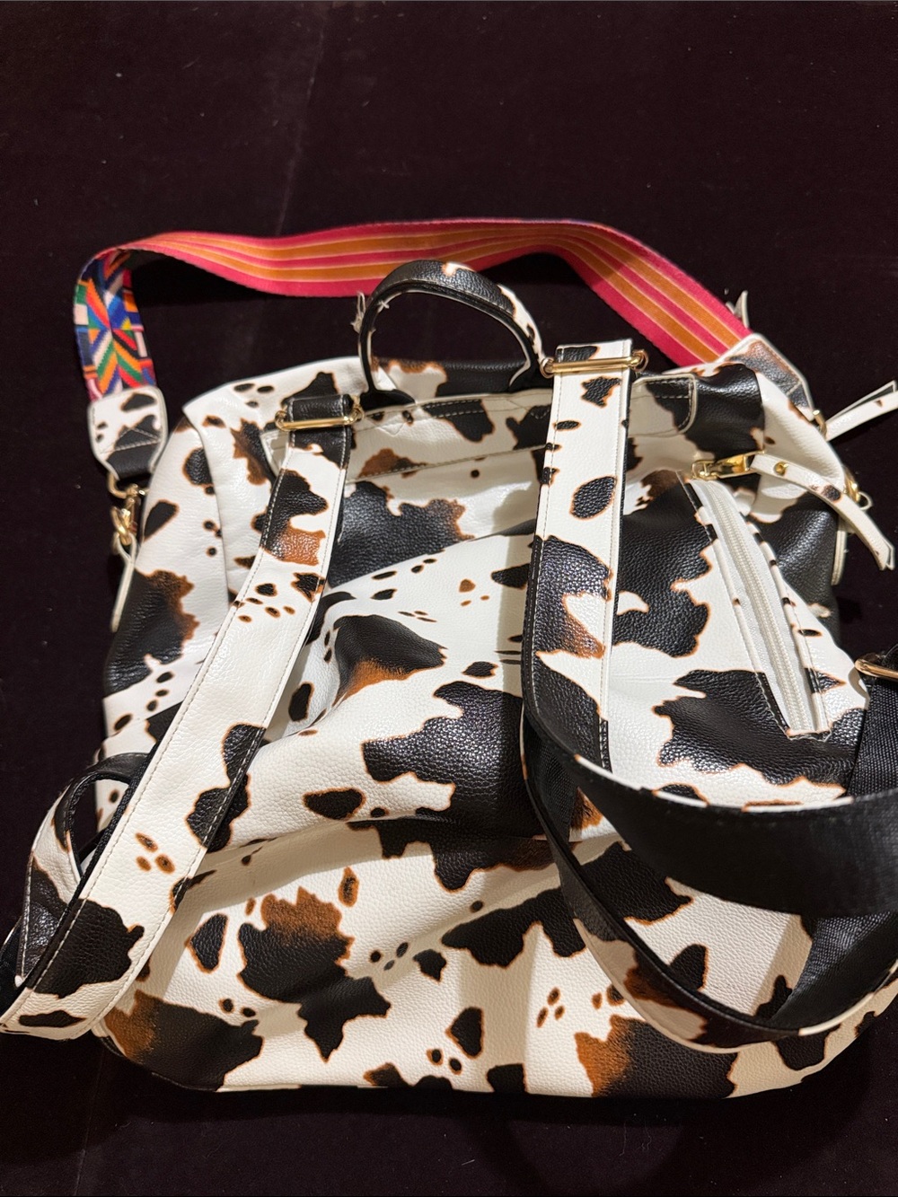Cow Print Backpack Purse - White, Black & Brown - Picture 2 of 6